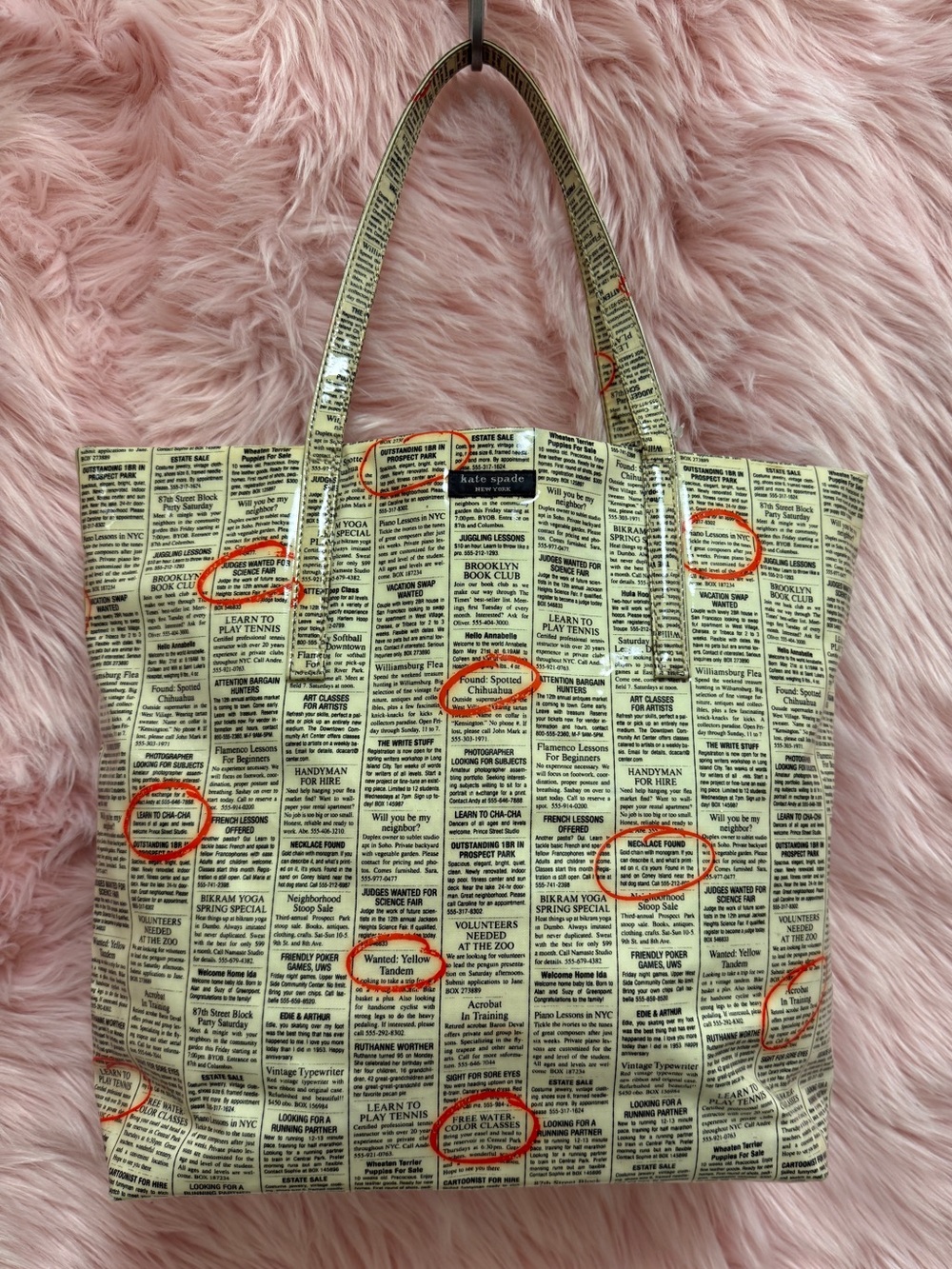 RARE Kate Spade Newspaper Print Canvas Tote Bag with Red Accents
